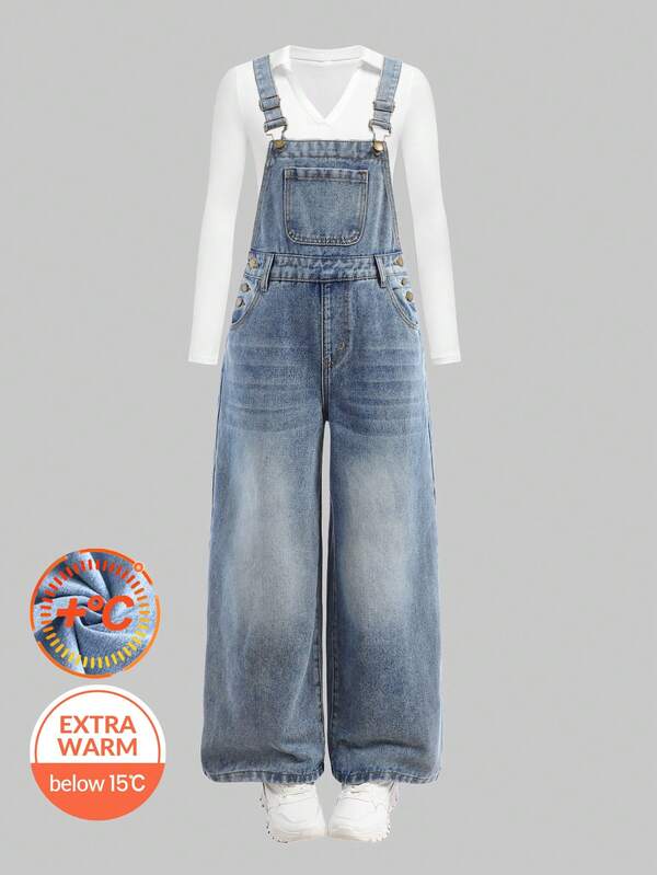 Girlism 少女时尚休闲 Y2K 复古酷炫街头风，返校季学院风怀旧蓝色牛仔抓绒鞋底保暖宽松背带裤，适合少女穿着。少女柔软日常装，以及少女秋冬季派对、节日和街头服饰。