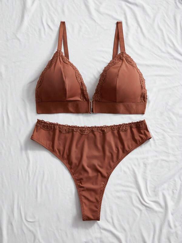 Lowkey Lull 2pcs Plus Size Front Closure Lace Patchwork Comfortable EasyComfort Chic Autumn Bra Set Brown Lingerie