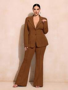 SHEIN SXY Plus Size Women Business Casual Solid Color Suede Blazer Jacket And Flared Suit Pants Set In Fall/Winter - Brown - View 4