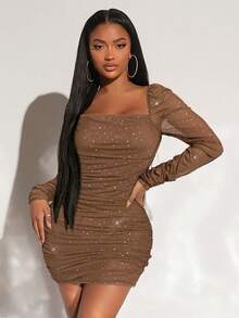 SHEIN SXY Plus Size Women Square Neck Ruffle Trim Contrast Color Long Sleeve Mesh Bodycon Dress, Autumn - Coffee Brown - View 7
