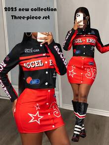 Slaydiva 2025 Winter, New Style, New Year, Valentine's Day, Party, Evening Gathering, Date, Gathering, Birthday Party, Preppy Style, Student Wear, Everyday Outing, Basic Versatile, Casual, Cruise Travel, Influencer Hot Style, Elegant, Commuter, Business Casual, Sexy Club, Y2K, Punk Racing, Girly Cool Motorcycle Style, Small Stand Collar Long Sleeve Letter Print Jacket + Tank Top + Mini Skirt, Winter Set, Christmas Set, New Year Set, Women's Three-Piece Set