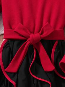 SHEIN Teen Girls' Elegant Color Block Bow & Faux Pearl Decor Dress, Autumn - Multicolor - View 7
