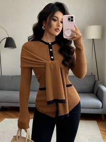 Rafferiza Women's Autumn And Winter Brown Commuting Round Neck Straight Shoulder Long Sleeves Contrast Color Slim Fit Stretch Knitted Cardigan, Winter Fall Autumn Fall New Year Thanksgiving Party Wedding Elegant - Multicolor - View 1