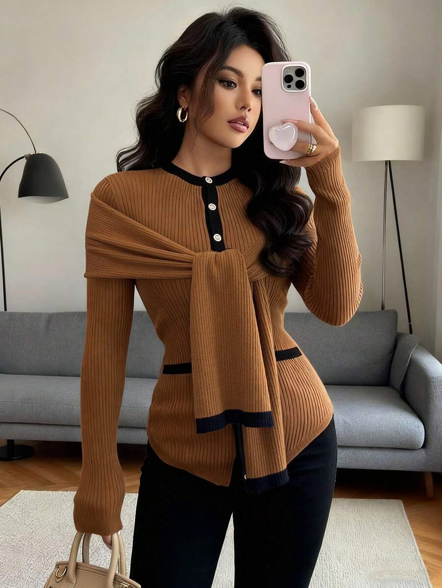 Rafferiza Women's Autumn And Winter Brown Commuting Round Neck Straight Shoulder Long Sleeves Contrast Color Slim Fit Stretch Knitted Cardigan, Winter Fall Autumn Fall New Year Thanksgiving Party Wedding Elegant - Multicolor - View 1