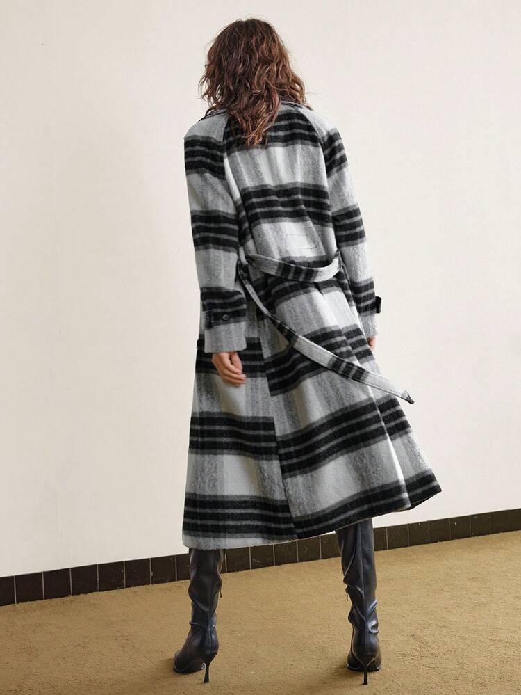 2025 Women's Grey Plaid Woolen Blend Loose Fit Blazer Jacket With Pockets,Autumn Elegent Office Wear,Modern Urban Business Casual Winter Long Coat