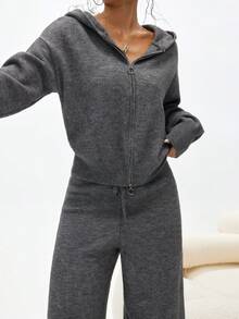 SHEIN Unity Nuevo conjunto de 2 piezas de moda para otoño/invierno: sudadera con capucha con cremallera gris y pantalones rectos de pierna ancha adelgazantes - Café integral - Ver 3