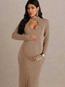 MaterniChic Maternity Solid Beige Long Sleeve Hollow Out Fitted Elegant Dress For Pregnant Women,Autumn Evening Pregnancy Dress For Photoshoot - Khaki - View 3