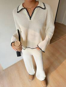 Siren Gaze 女款純色對比飾邊 Polo 領長袖 T 恤與休閒長褲套裝，黑白配色，秋季，優雅，早午餐，聖誕家庭睡衣 - 杏色 - 查看 11
