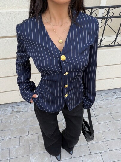 Siren Gaze Herfst/winter nieuw getailleerde blauw-wit gestreepte vintage metalen knoop lange mouwen overhemd voor dames