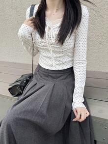 FRIFUL 女式波尔卡圆点印花撞色蕾丝前领带长袖 T 恤