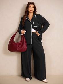 Elaquor Conjunto de 2 piezas para mujer talla grande, camisa informal negra con ribete de contraste - Albaricoque - Ver 4