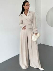 Firerie 女士休闲优雅收腰阔腿裤和长袖西装外套，米色仿亚麻纹理面料/褶皱阔腿裤/适合通勤/舒适的女士秋冬装/女士秋冬裤/新年/老款风格穿搭/休闲装 - 杏色 - 查看 5