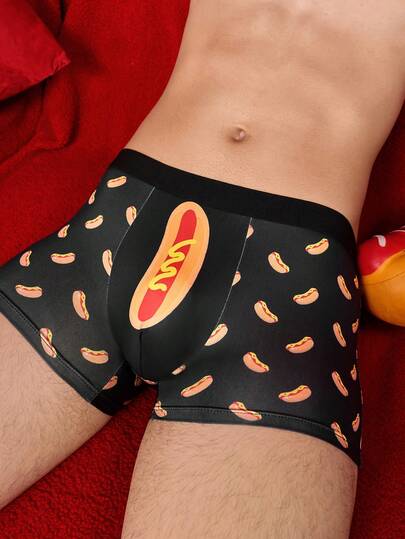 Notgurli Men's Funny Cartoon Sausage & Hot Dog Print Colorblock Casual Comfortable Boxer Briefs