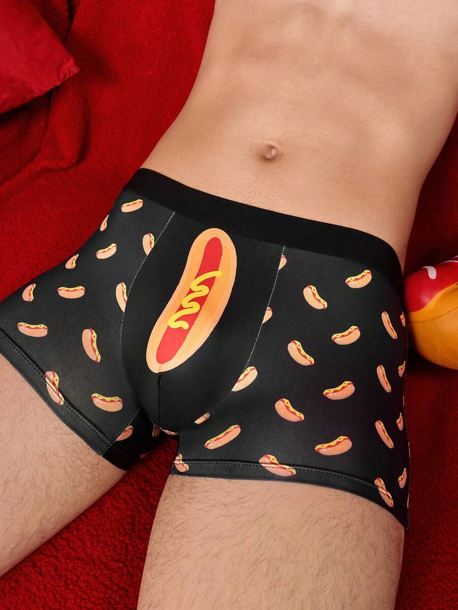 Notgurli Men's Funny Cartoon Sausage & Hot Dog Print Colorblock Casual Comfortable Boxer Briefs - Black - View 1