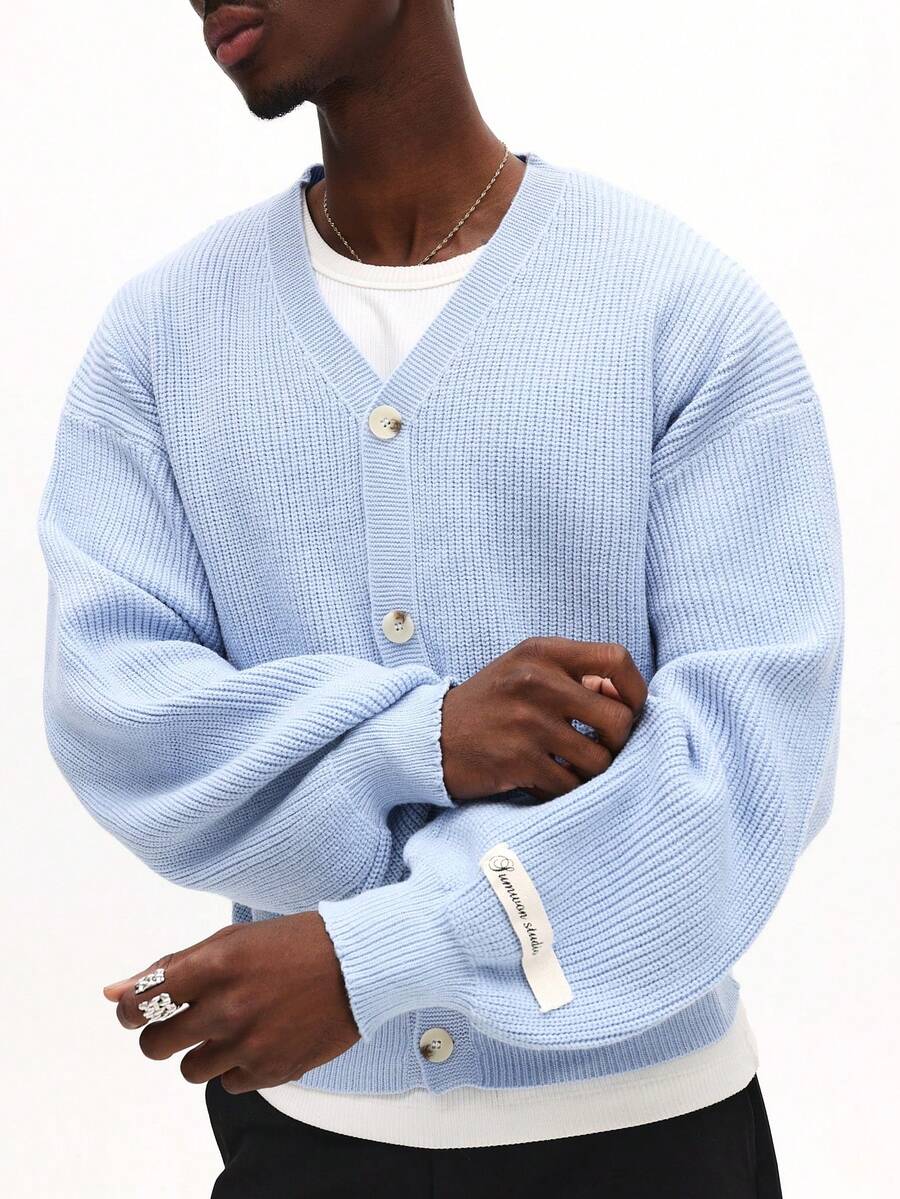 SUMWON Men's Button Down Knitted Cardigan With Pockets Relaxed Fit Casual Long Sleeve Sweater - Blue - View 1