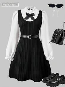 SHEIN ChillGRL 女式荷叶边领泡泡袖拼接休闲迷你连衣裙 - 黑與白 - 查看 3