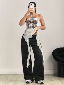 SHEIN Tall Tall Waist Patchwork Embroidered Washed Denim Wide Leg Pants - Black - View 7