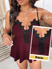 Breezaya Plus Size Textured Ruched A-Line Neck Rose Lace Trim Colorblock Casual Camisole Tank Top, Great For Outing, Holiday, Commuting - Burgundy - View 4