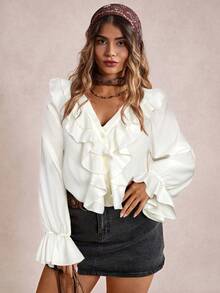 Freevana Blusa de moda con volantes y mangas acampanadas de unicolor para mujer de talla grande - Albaricoque - Ver 6