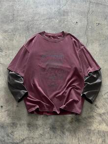 AXEPEAK 男士时尚休闲宽松长袖T恤，带英文文字和图案印花，针织日常穿着，夏季 - 紅色 - 查看 1