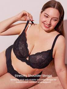 LUVLETTE Plus Full Coverage Breathable Unlined Lace Elegance & Mesh Keyhole Detail Lingerie Lounge Curve Black Sheer Minimizer Bridal Intimates Bra - Black - View 4
