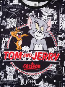 TOM & JERRY X SHEIN 大码休闲卡通图案圆领短袖T恤，夏季 - 黑色 - 查看 6