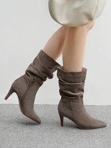 CUCCOO BIZCHIC بوت كاحل نسائية مريحة وعملية ذات كعب رفيع وأصبع مدبب من الجلد المدبوغ الخردلي، سهلة الارتداء والخلع، مناسبة للارتداء اليومي - رمادي - مشاهدة 4