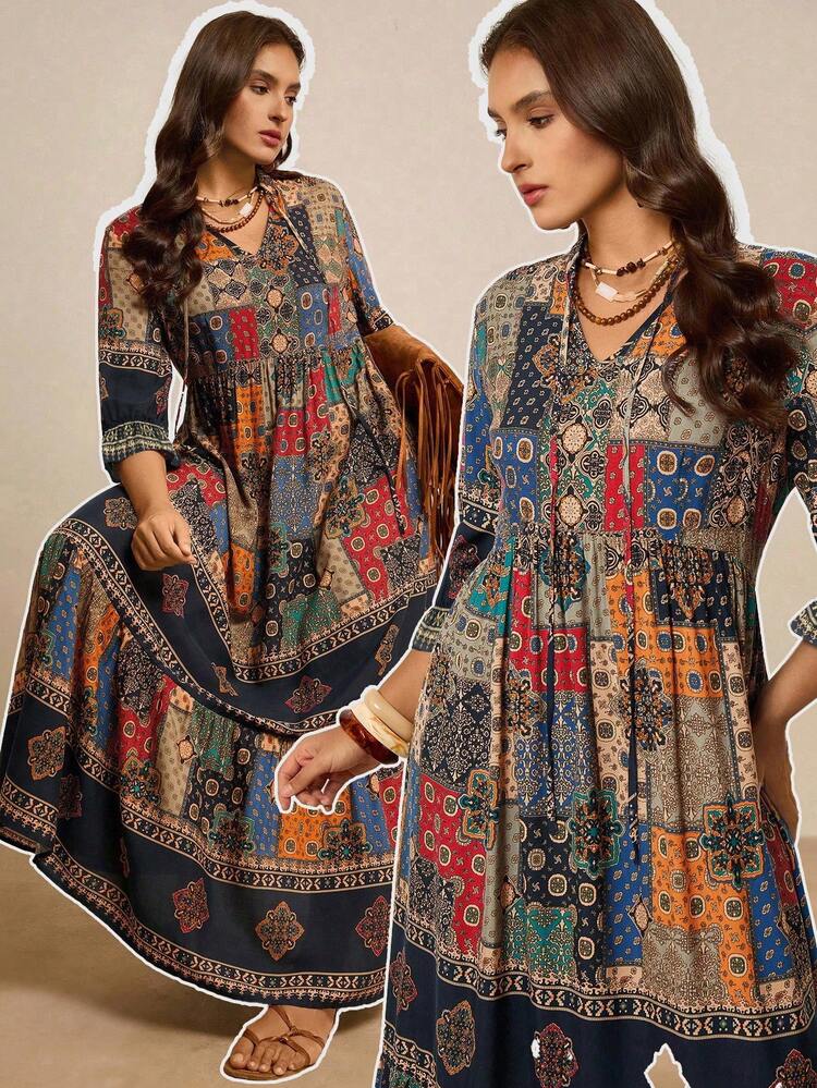 Freevana Vestido Plus Size de Outono e Inverno, Volta às Aulas, Fantasia Plus Size de Halloween, Casual de Negócios Plus Size, Roupas Vintage Plus Size, Roupas de Homecoming Plus Size, Roupas de Outono Plus Size, Estilo Old Money Plus Size, Vestidos Fluidos Plus Size, Roupas Confortáveis de Outono e Inverno Plus Size, Vestido Longo Plus Size, Vestido Longo Plus Size - Multicolorido - Visão 3