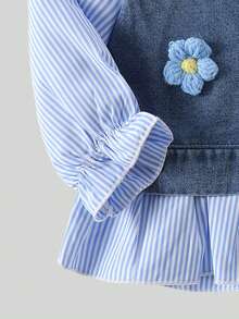 SHEIN Baby Girl Outdoor Rustic Denim Patchwork 2 Pieces Set, Sweet Denim T-Shirt, Spring/Autumn - Blue - View 4