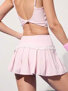 CourtClass 女式休闲撞色蕾丝运动裙裤，夏季 - 粉色 - 查看 3