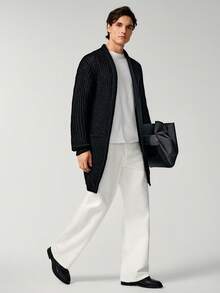 Manfinity Homme 男士纯色休闲百搭长袖针织开衫，外出落肩纯色厚实休闲超大纯黑色开衫，适合丈夫、男友礼物，适合秋冬，垃圾摇滚风格 - 黑色 - 查看 4