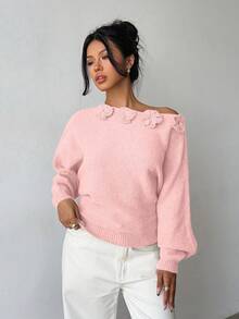 Elenzga Áo len chui đầu bất đối xứng thiết kế hoa đính đá thanh lịch dành cho nữ - Hồng - Xem 6