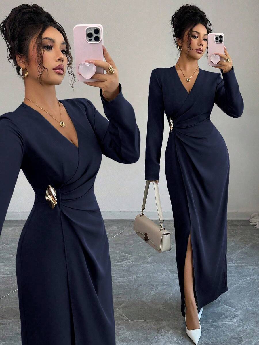 Elenzga Women's Solid Color Long Sleeve Pleated Design Metal Decor Elegant Dress - Navy Blue - View 1