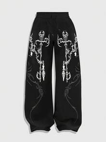 ROMWE MEN Goth 男士复古印花阔腿运动裤 - 黑色 - 查看 1