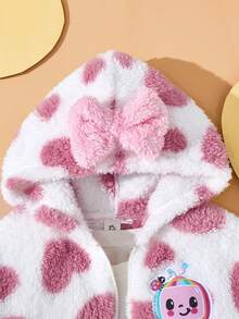 CoComelon X SHEIN 少女粉白心形西瓜刺绣毛绒蝴蝶结连帽外套，适合秋冬 - 粉色 - 查看 4