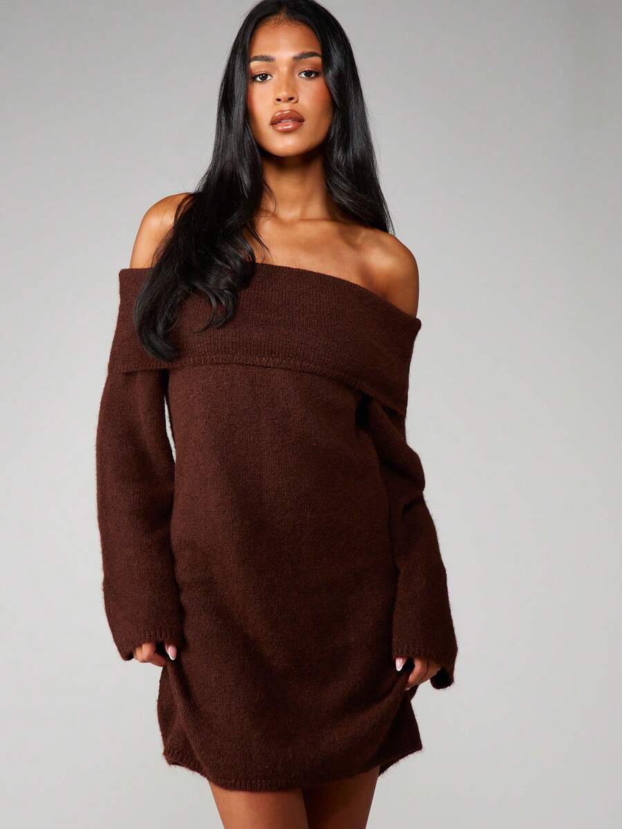 MISSGUIDED Off-Shoulder, grob gestricktes Pulloverkleid für Herbst und Winter, Langarm, Mini-Kleid, Bardot-Ausschnitt, gemütlicher Pullover