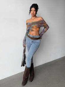 Jeanoix Women's Full Print Cropped Sexy Fashionable Long Sleeve Shoulder Top - Multicolor - View 4