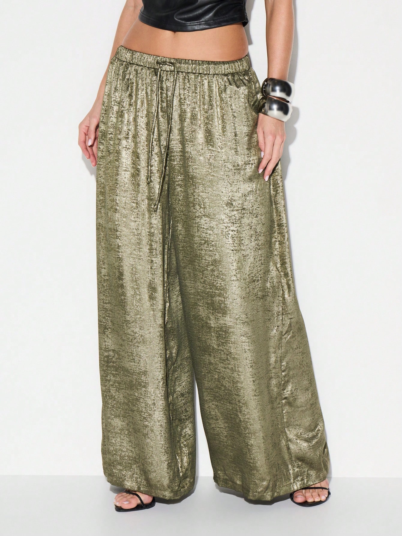 KIZN ドローストリング付きメタリックワイドレッグパラッツォパンツ