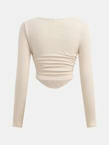 SHEIN 少女三件套褶皱休闲方领长袖T恤套装，秋季休闲上衣，假日装，新年装 - 彩色 - 查看 6