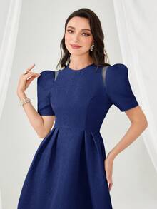 Modelyn Women's Solid Color Round Neck Puff Sleeve Elegant Long Dress - Navy Blue - View 5