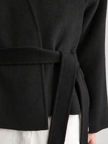 Ontre 女士纯色系带短款双面羊毛50%大衣冬装 - 黑色 - 查看 3