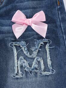 少女刺绣字母3D蝴蝶结复古牛仔阔腿裤，时尚百搭甜美清凉校园街头风，适合春夏秋冬 - 深色水洗藍 - 查看 4