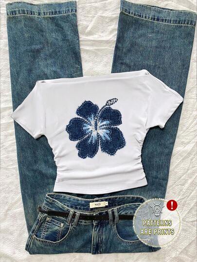 Attitoon Women's Casual Waist Faux Applique Print Ruched Off Shoulder Tight Fitting Short Sleeve White T-Shirt, Suitable For Summer