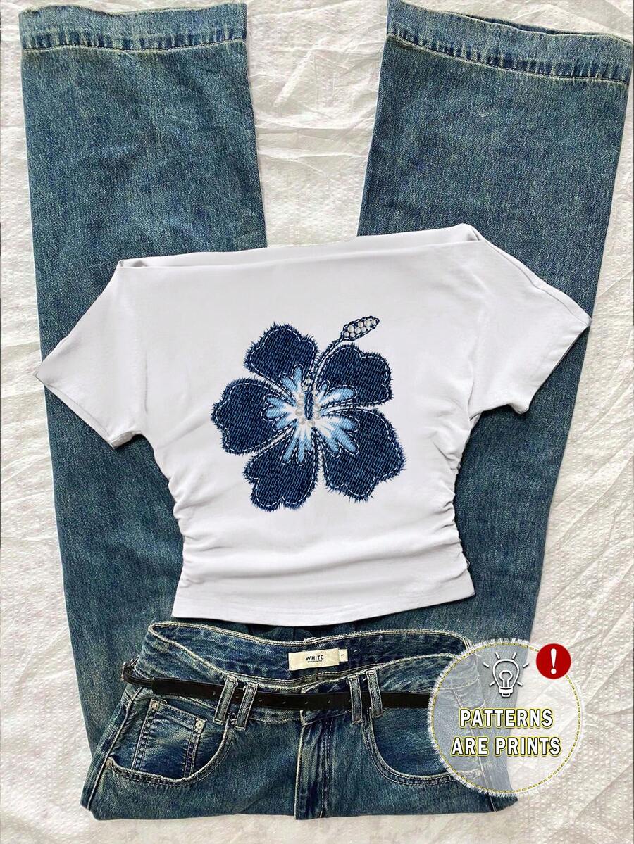 Attitoon 女士休闲腰部仿贴花印花褶皱露肩紧身短袖白色 T 恤，适合夏季 - 白色 - 查看 1