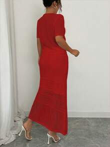 Elenzga 2025 New French Style White Hollow-Out Short Sleeve Top + Skirt 2 Pieces Set, Spring - Burgundy - View 2