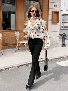 Serisse Blusa de manga larga elegante con estampado de lunares y volantes en el bajo, estilo francés, para playa, brunch, invierno, estilosa, Año Nuevo, Navidad, Acción de Gracias, casual, vintage, minimalista, oficina, perfecta para uso diario - Blanco y Negro - Ver 9