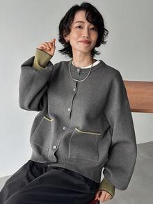 FRIFUL 女式秋冬口袋设计落肩长袖单排扣针织开衫 - 灰色 - 查看 1