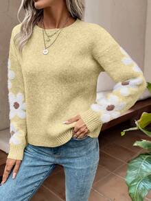 SHEIN LUNE Sweater Pullover Lengan Panjang Leher Bulat Motif Bunga Kasual Wanita - Aprikot - View 6