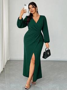 Elenzga 大码女式优雅 V 领长袖裹身开衩修身长裙，适合宴会、派对、婚礼宾客，春/秋/冬 - 墨綠色 - 查看 1