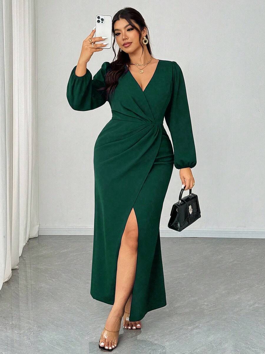 Elenzga 大码女式优雅 V 领长袖裹身开衩修身长裙，适合宴会、派对、婚礼宾客，春/秋/冬 - 墨綠色 - 查看 1